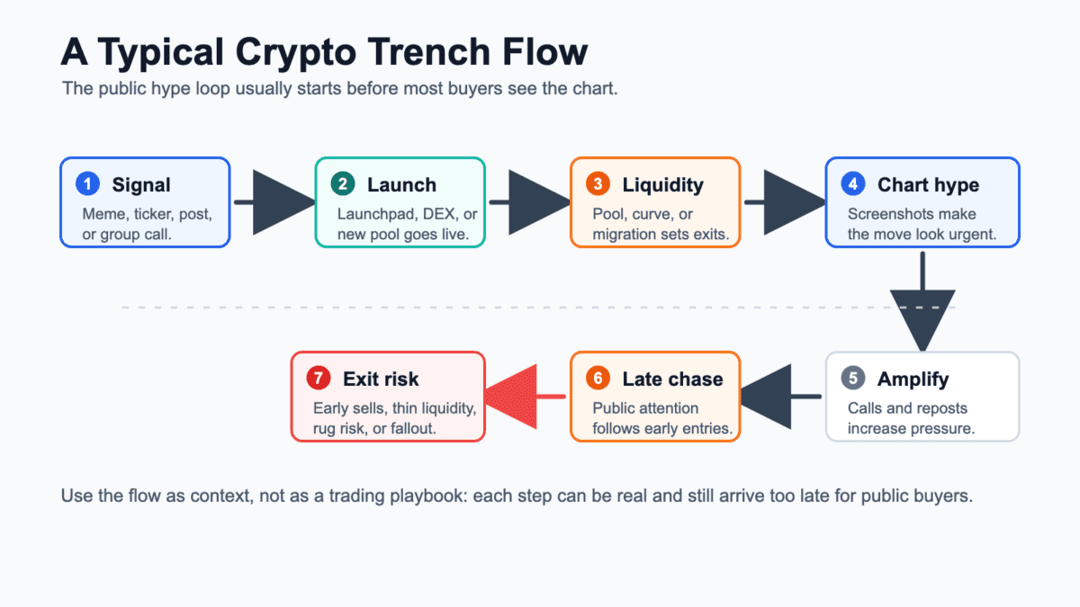 Flowchart showing a new meme coin moving from social signal to launch and liquidity, then chart hype, group amplification, late public buyers, and exit risk