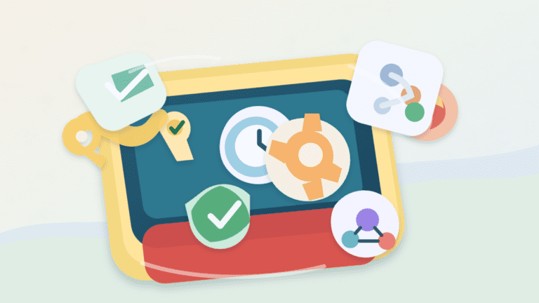 Layered-paper smart wallet with a key, shield, gear, clock, and permission nodes representing account abstraction