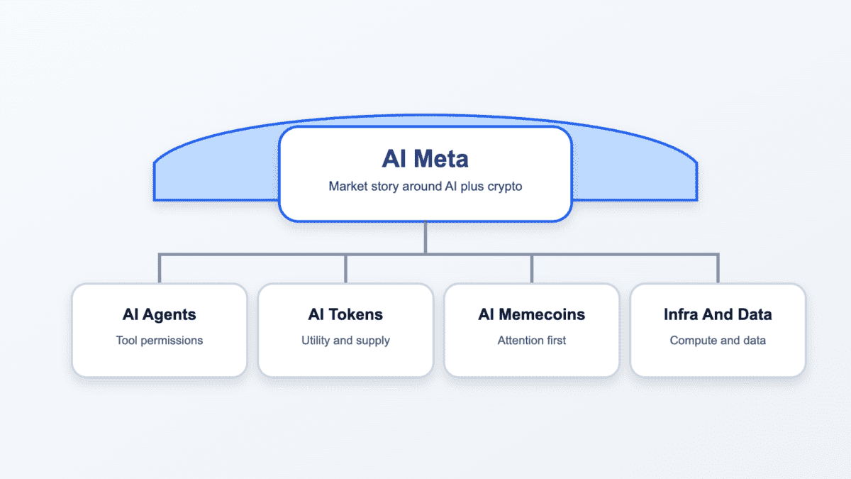 Diagram showing AI meta as an umbrella over AI agents, AI tokens, AI memecoins, and infrastructure or data rails