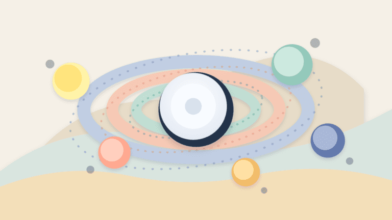 Layered paper artwork showing a central benchmark disc with smaller altcoin discs moving farther around it