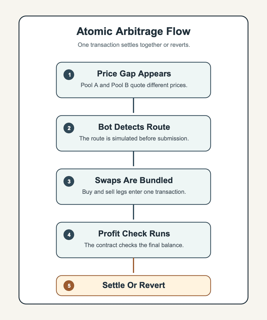 Flow diagram showing atomic arbitrage on a DEX from price gap to route detection, bundled swaps, profit check, and settle or revert