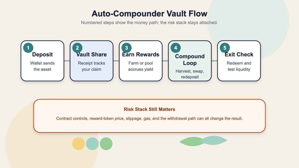 Diagram showing five auto-compounder vault steps: deposit, vault share, reward earning, compound loop, and exit check