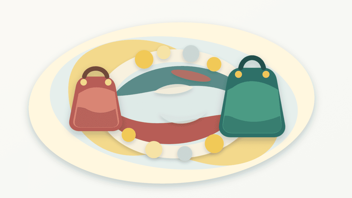 Layered-paper illustration of capital rotating between two crypto holding bags