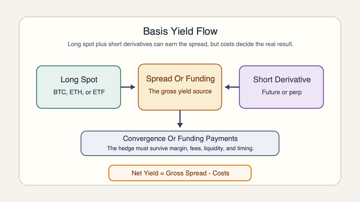 Diagram showing long spot exposure, short derivatives exposure, basis or funding flow, convergence, and net yield after costs