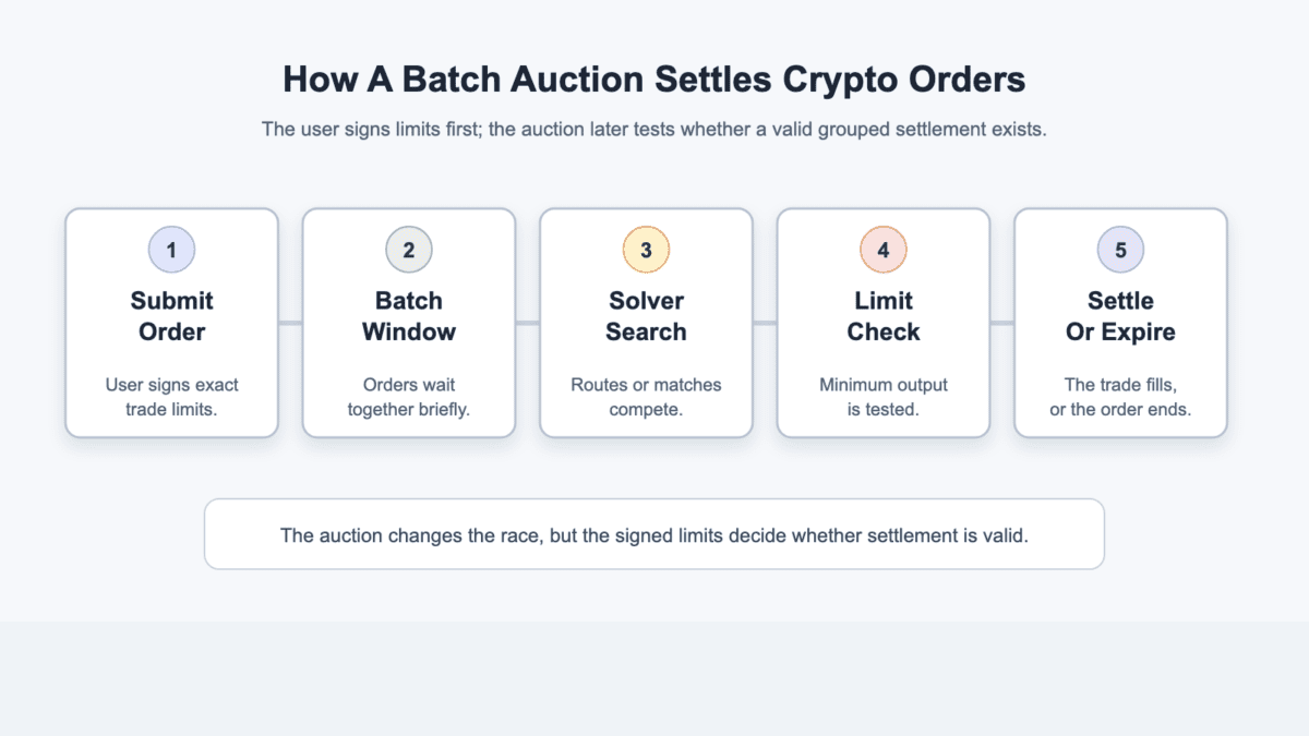 Flow diagram showing a batch auction from order submission through batch window, solver matching, price checks, settlement, and fill or expiry