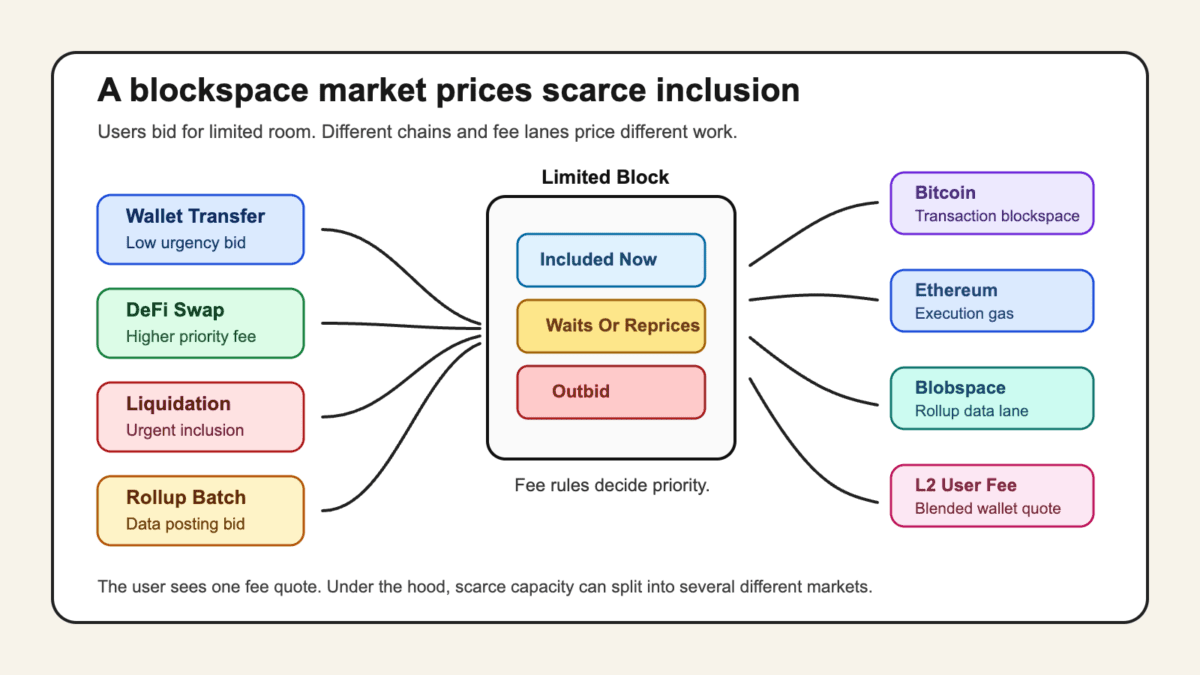 Diagram showing user bids competing for limited block capacity, then splitting into Bitcoin transaction blockspace, Ethereum execution gas, Ethereum blobspace, and L2 user fees