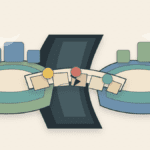 Layered paper illustration of a fragile bridge crossing a deep gap between two abstract blockchain islands