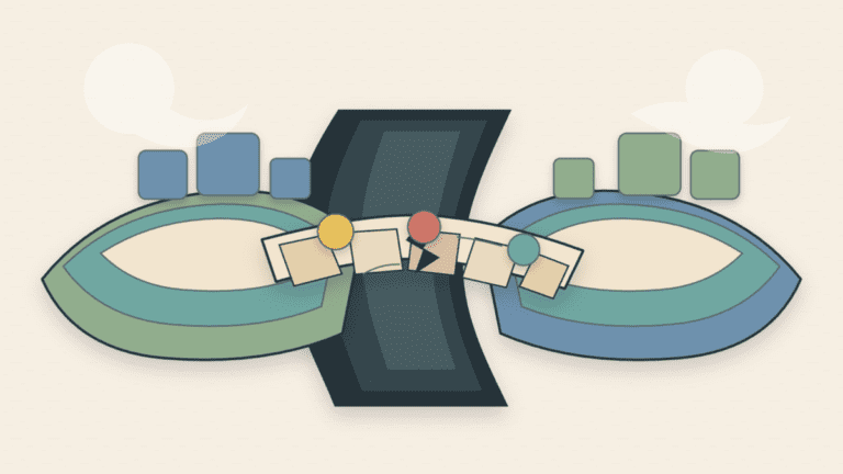 Layered paper illustration of a fragile bridge crossing a deep gap between two abstract blockchain islands
