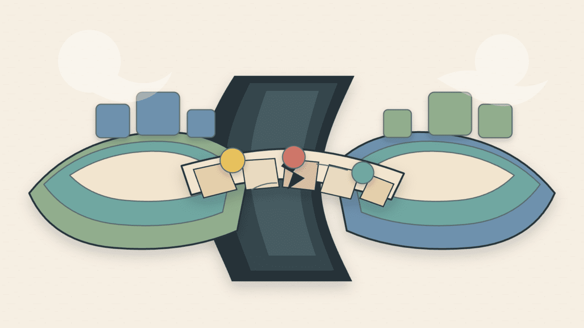 Layered paper illustration of a fragile bridge crossing a deep gap between two abstract blockchain islands