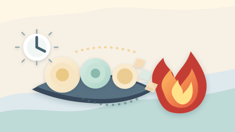 Layered paper illustration of plain tokens moving toward a flame beside a clock to represent burn rate