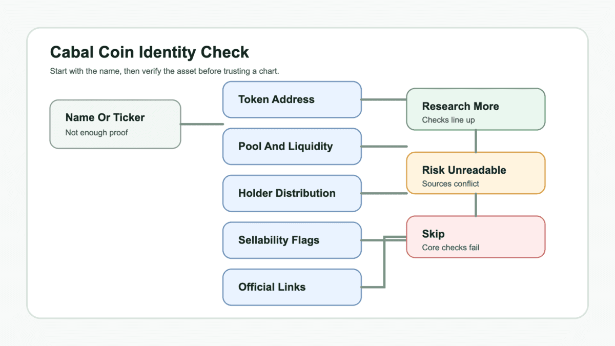 Flow diagram showing a Cabal coin name or ticker moving through token address, pool and liquidity, holder distribution, sellability flags, official links, and possible research, skip, or unreadable-risk outcomes