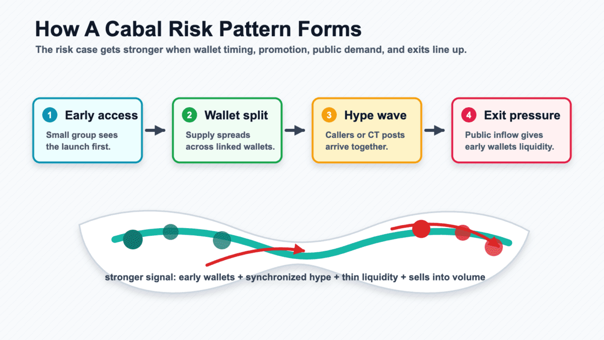 Flow diagram showing early access, wallet splitting, synchronized hype, and exit pressure as a cabal risk pattern