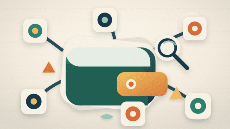 Layered paper illustration showing a central wallet connected to several smaller wallet nodes under a magnifying glass