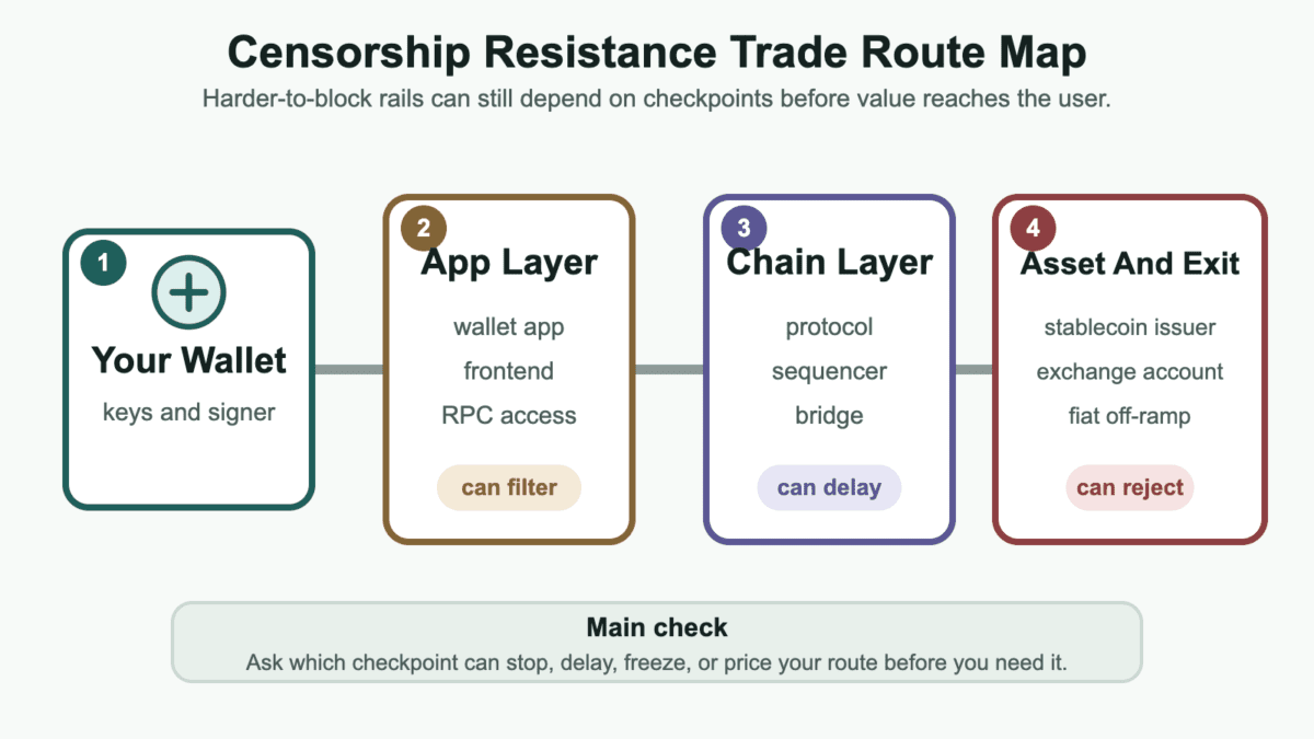 Censorship resistance trade route map showing wallet, app layer, chain layer, and asset exit checkpoints