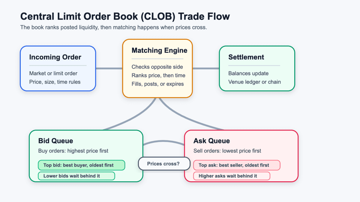 Central limit order book diagram showing an incoming order, matching engine, bid queue, ask queue, and settlement layer