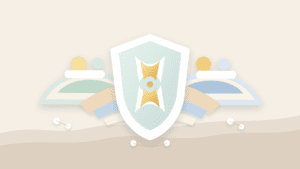Layered paper cut illustration of an hourglass shield pausing a bridge between two blockchain islands