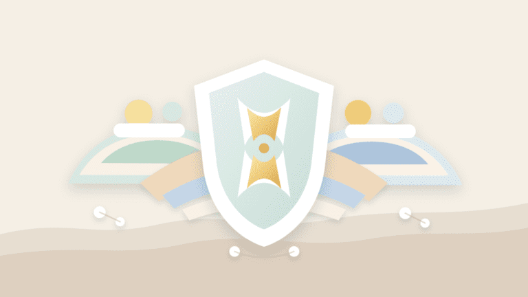 Layered paper cut illustration of an hourglass shield pausing a bridge between two blockchain islands