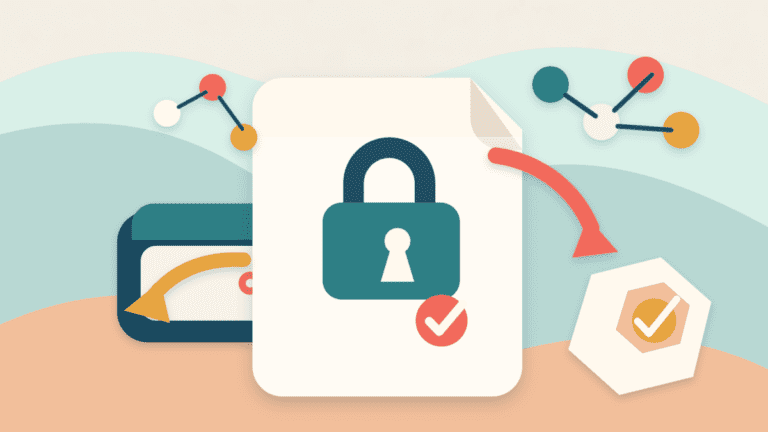 Layered paper illustration of a locked claim contract sheet, wallet, eligibility nodes, and a released asset