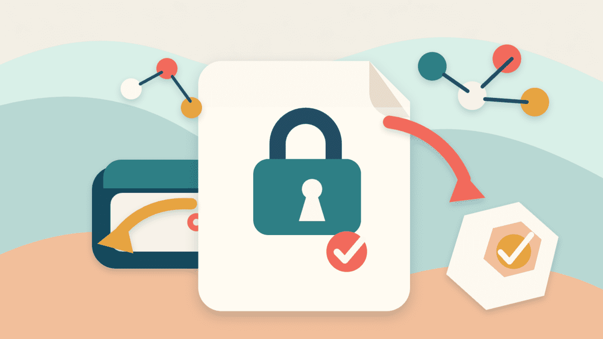 Layered paper illustration of a locked claim contract sheet, wallet, eligibility nodes, and a released asset