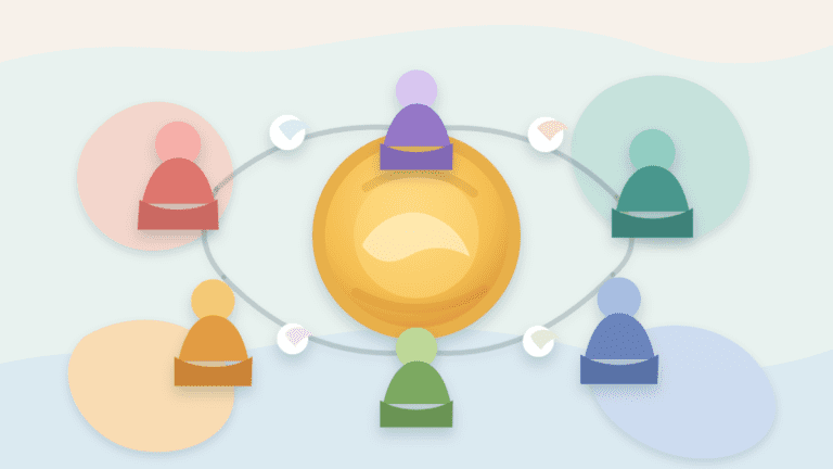 Layered paper illustration of a blank community coin surrounded by connected holder figures