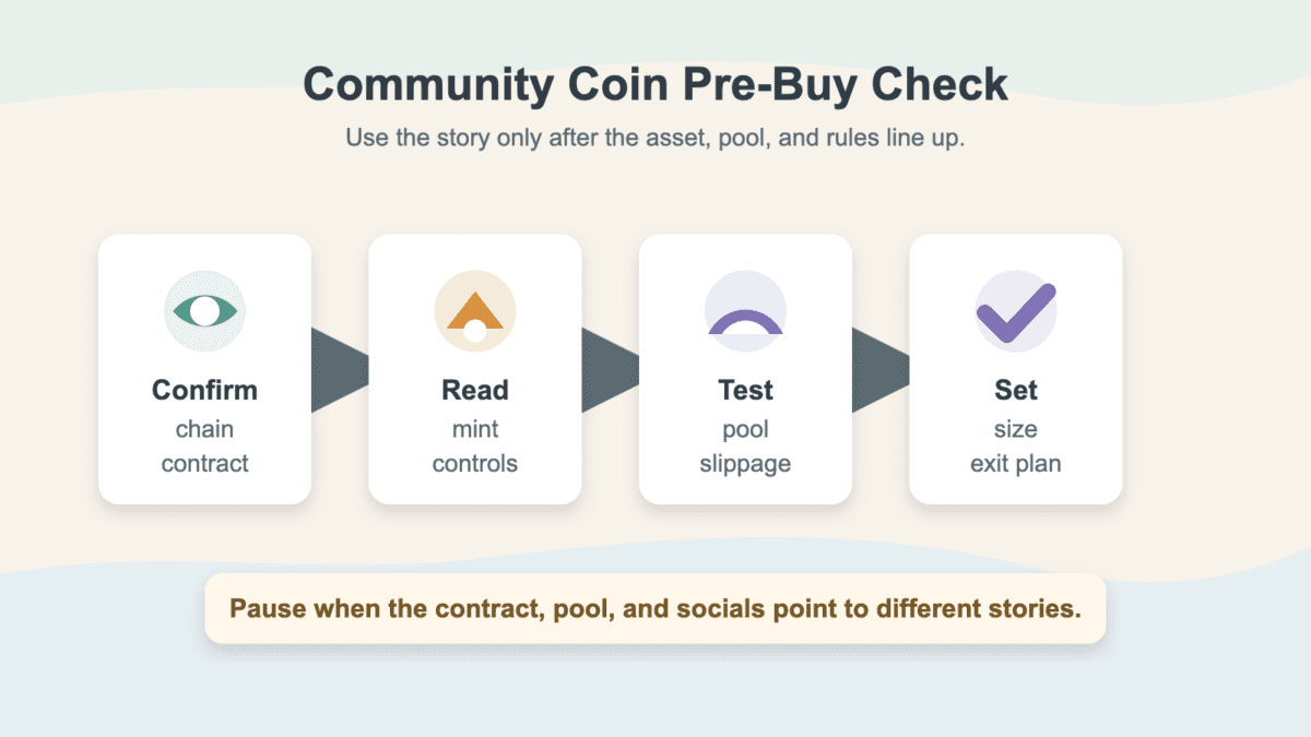Flowchart showing a community coin pre-buy check moving from token identity to contract controls, liquidity testing, and personal rules