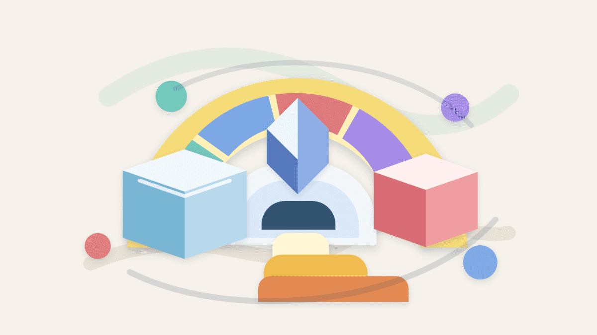 Layered paper illustration of a compute-budget meter holding colored compute tiles inside a transaction work limit