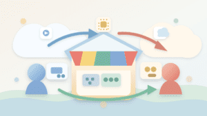 Layered paper illustration of a compute marketplace connecting buyers, provider hardware, and AI workloads
