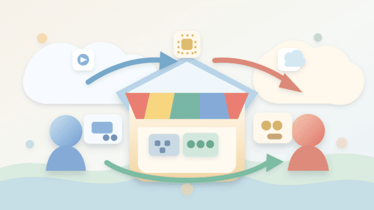 Layered paper illustration of a compute marketplace connecting buyers, provider hardware, and AI workloads