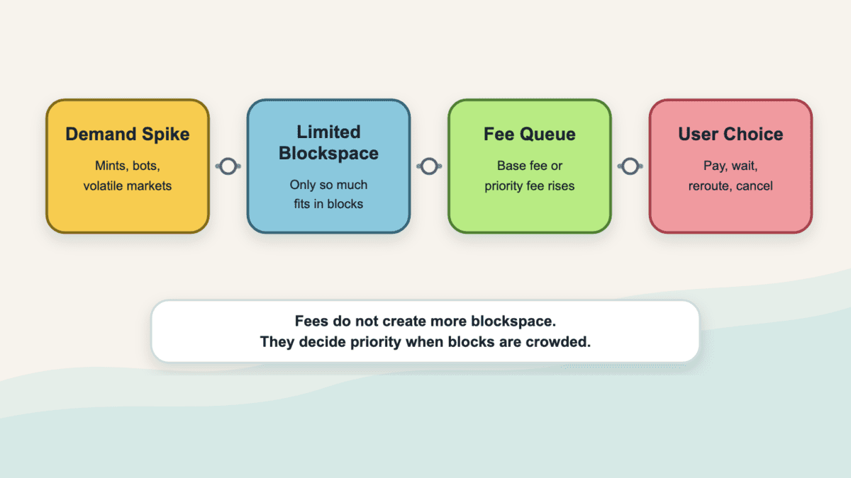 Four-step diagram showing a demand spike, limited blockspace, a fee queue, and the user's choice to pay, wait, reroute, or cancel