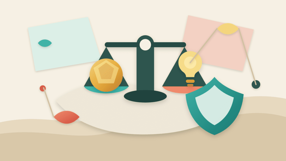 Layered paper illustration showing a conviction trade balanced between a crypto thesis and risk controls