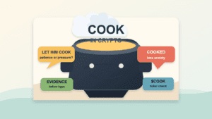 Paper cut style cover illustration centered on cook in crypto with a cooking pot, let him cook, cooked, evidence, and $COOK ticker labels