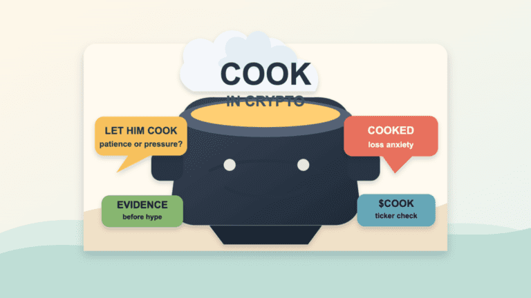 Paper cut style cover illustration centered on cook in crypto with a cooking pot, let him cook, cooked, evidence, and $COOK ticker labels