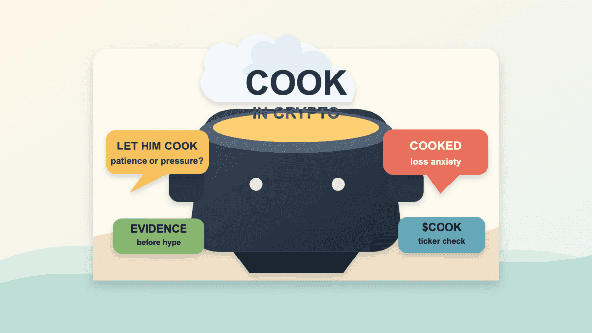 Paper cut style cover illustration centered on cook in crypto with a cooking pot, let him cook, cooked, evidence, and $COOK ticker labels