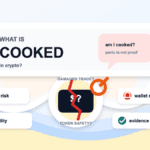 Paper cut style cover illustration centered on cooked in crypto with an am I cooked chat bubble, a damaged trade card, and risk labels for leverage, liquidity, wallet safety, and evidence