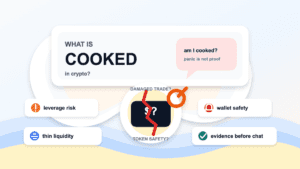 Paper cut style cover illustration centered on cooked in crypto with an am I cooked chat bubble, a damaged trade card, and risk labels for leverage, liquidity, wallet safety, and evidence
