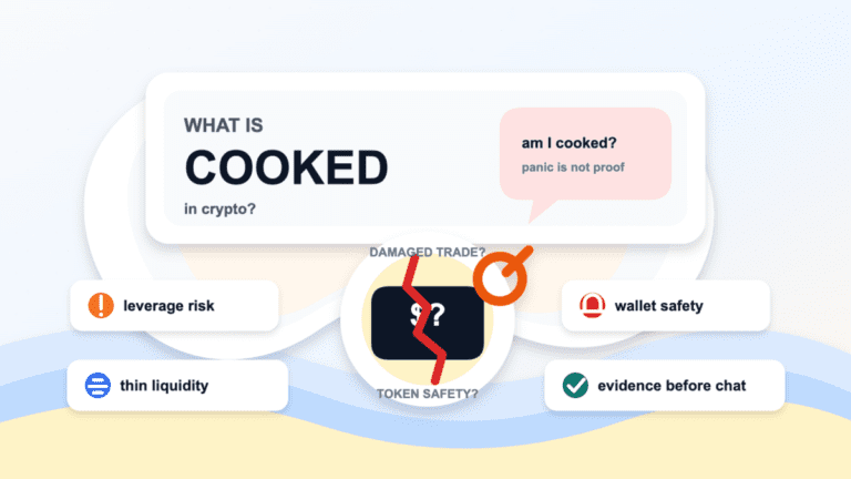 Paper cut style cover illustration centered on cooked in crypto with an am I cooked chat bubble, a damaged trade card, and risk labels for leverage, liquidity, wallet safety, and evidence