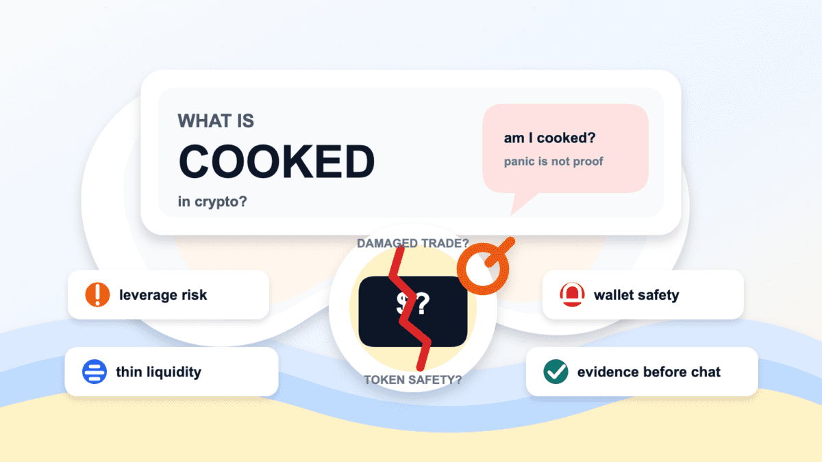 Paper cut style cover illustration centered on cooked in crypto with an am I cooked chat bubble, a damaged trade card, and risk labels for leverage, liquidity, wallet safety, and evidence