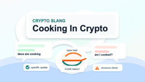 Paper cut style cover illustration centered on cooking in crypto, with chat bubbles, a hype heat marker, a COOK token prompt, and verification cues