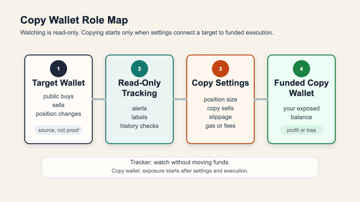 Role map showing target wallet observation, read-only tracking, copy settings, and funded copy wallet execution