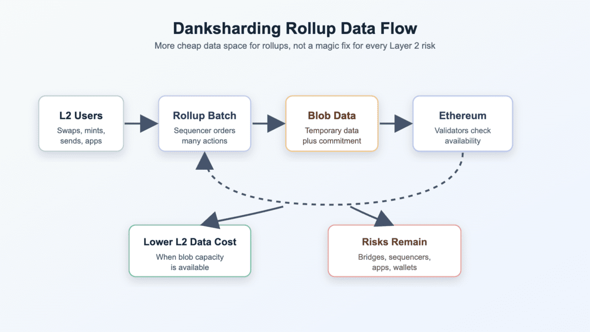 Flow diagram showing L2 users moving through a rollup batch, blob data, Ethereum validation, lower L2 data costs, and remaining bridge or sequencer risks