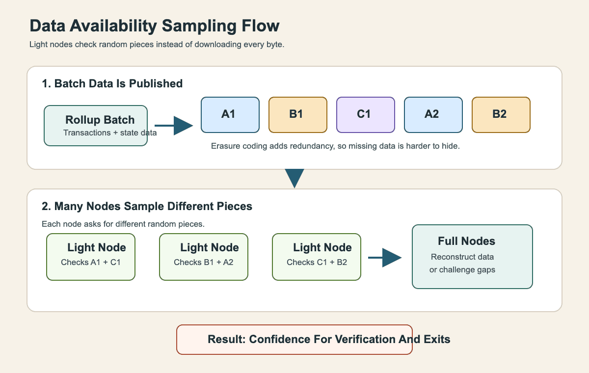Diagram showing rollup batch data split into coded pieces, light nodes sampling random pieces, full nodes reconstructing data, and exits using verified state