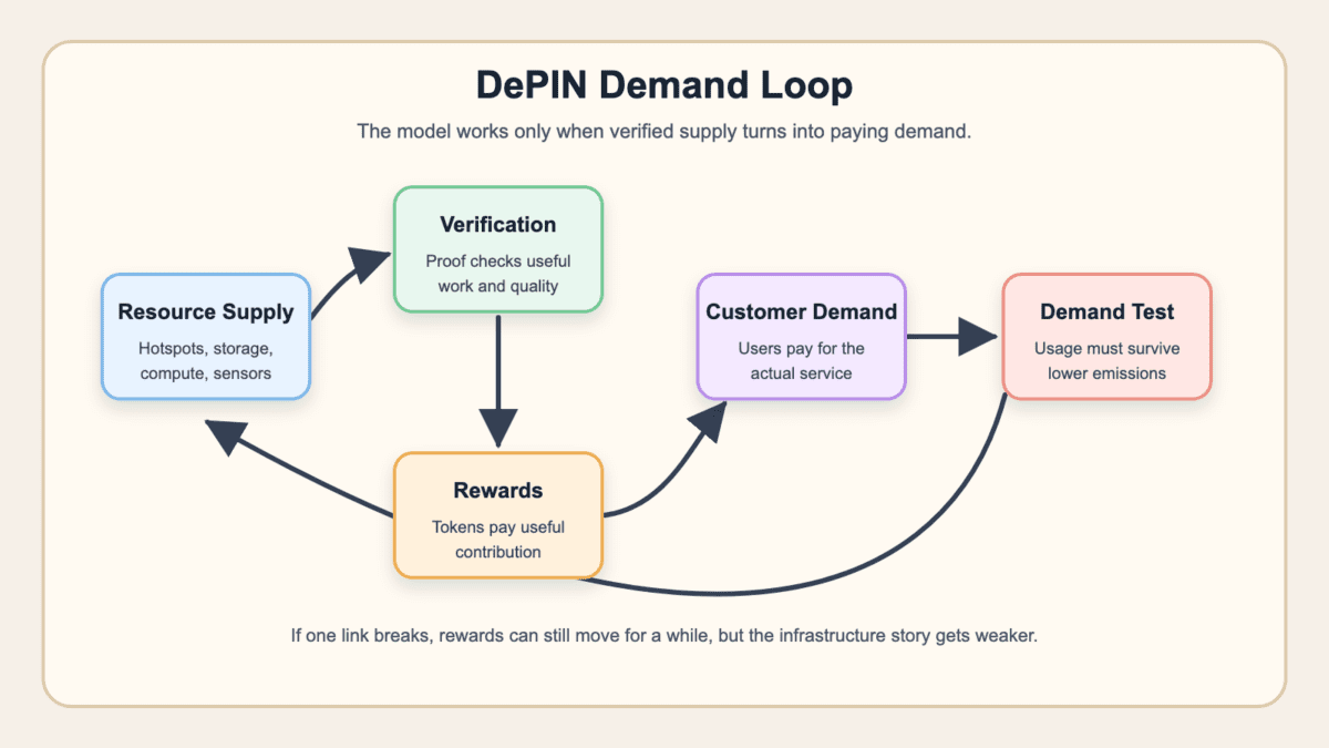 Diagram showing the DePIN loop from resource supply to verification, rewards, customer demand, and the demand test