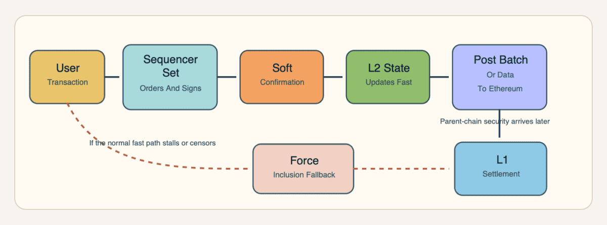 Flow diagram showing a user transaction moving through a decentralized sequencer set, soft confirmation, L2 state update, Ethereum batch posting, L1 settlement, and a force-inclusion fallback