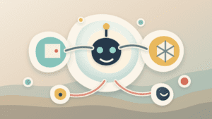 Layered paper collage showing an AI agent face between a wallet, DeFi network nodes, and control loops