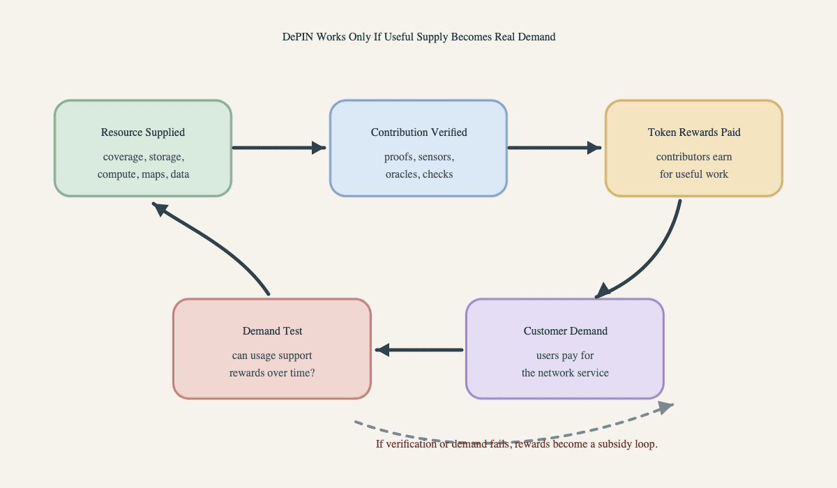 Loop diagram showing a DePIN contributor supplying a resource, the network verifying the contribution, token rewards being paid, customer demand forming, and a demand test deciding whether the loop can last