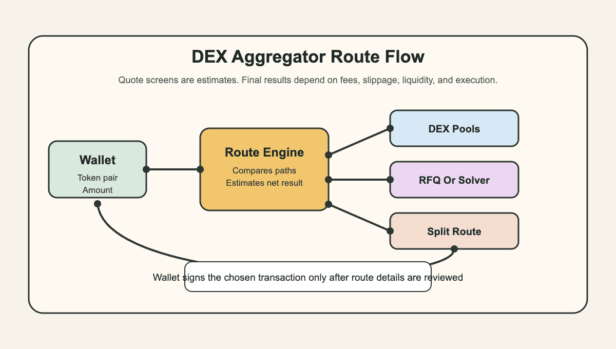 DEX aggregator route diagram showing a wallet, route engine, DEX pools, RFQ or solver quotes, split routes, and a final transaction back to the wallet