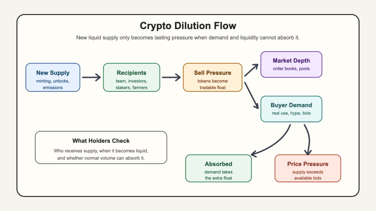 Flow diagram showing new token supply moving through recipients, sell pressure, liquidity, buyer demand, and price outcomes