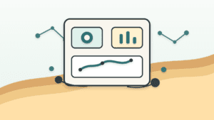 Layered paper illustration of an analytics dashboard rising from dune shapes with abstract blockchain nodes and chart panels
