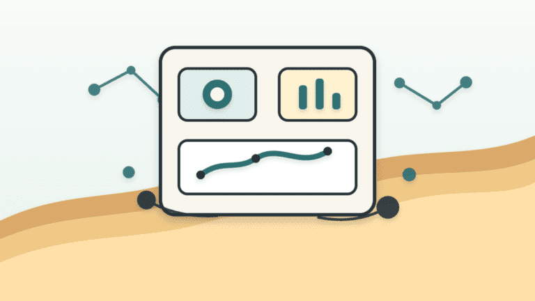 Layered paper illustration of an analytics dashboard rising from dune shapes with abstract blockchain nodes and chart panels