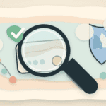 Paper-cut illustration of a magnifying glass checking a crypto wallet with safety symbols around it
